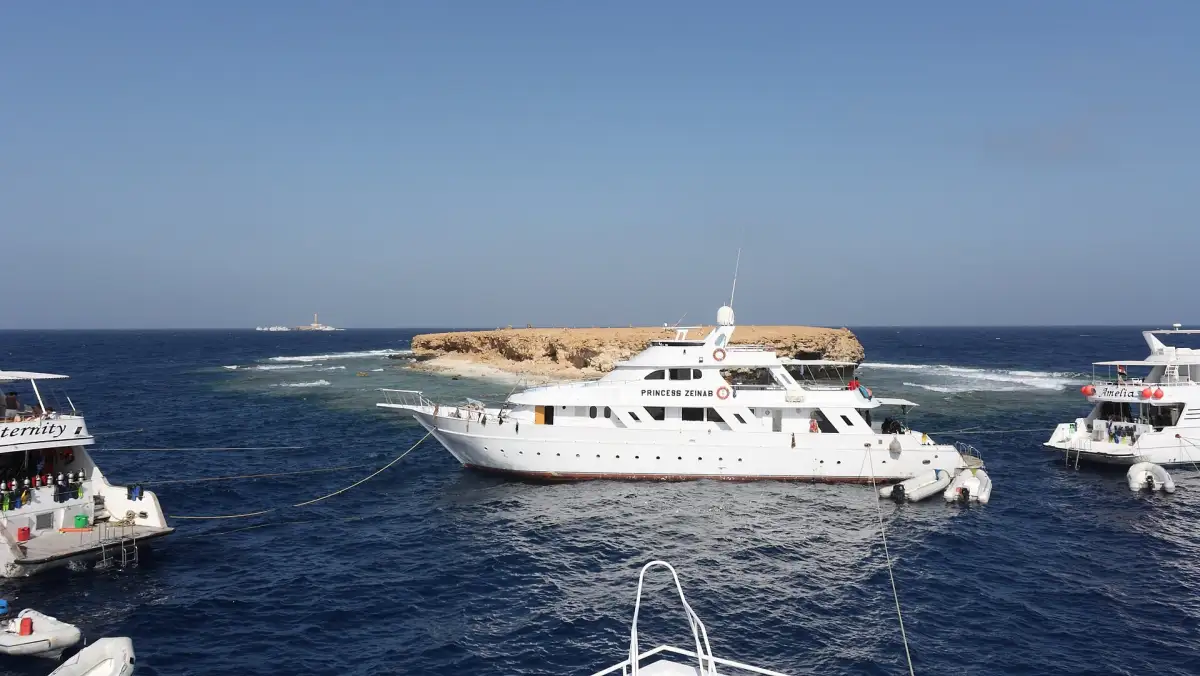 مراكب راسية قرب جزيرة في البحر الأحمر